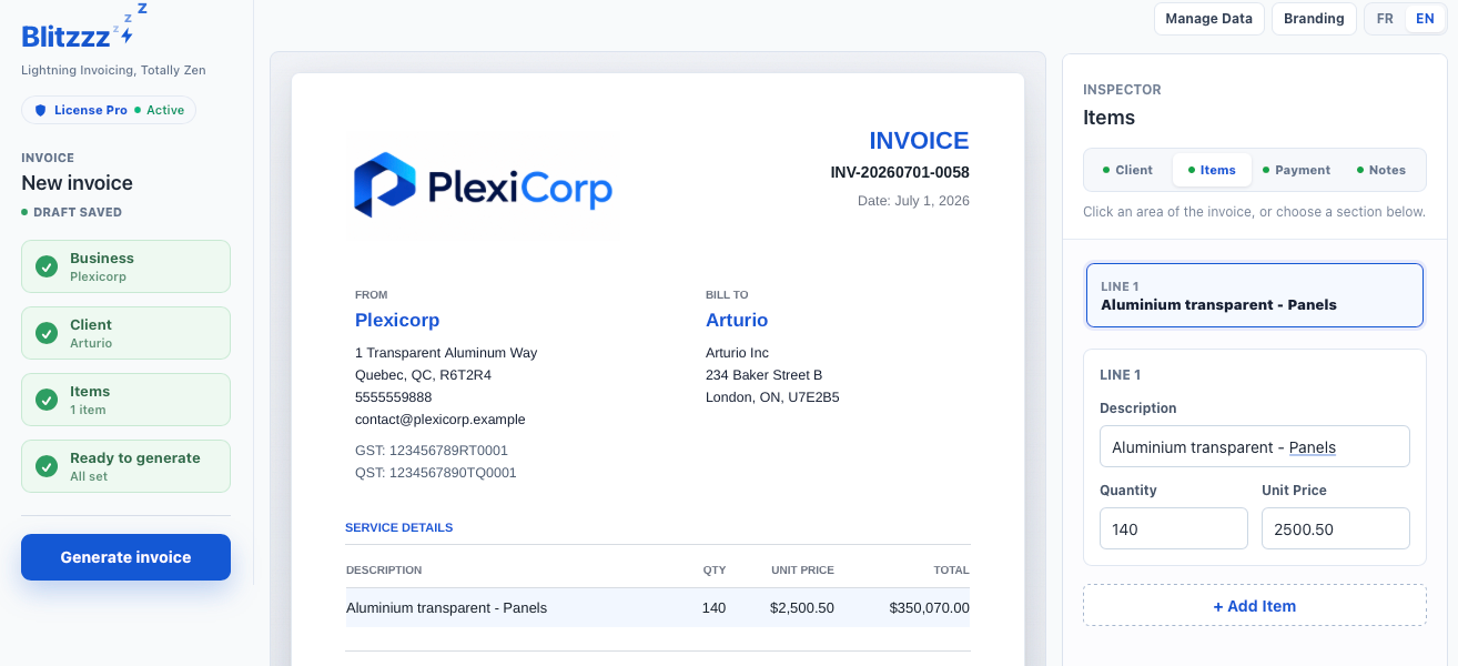 Blitzzz invoice editor interface