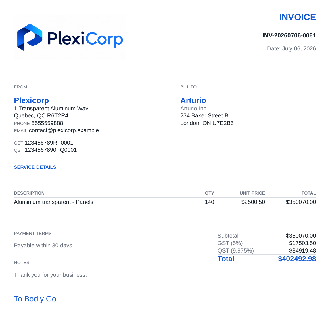 Example invoice created with Blitzzz